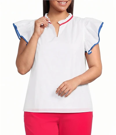 Sugarlips Plus Size Damry Contrast Piping Split V-Neck Ruffle Sleeve Top