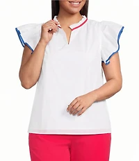 Sugarlips Plus Size Damry Contrast Piping Split V-Neck Ruffle Sleeve Top