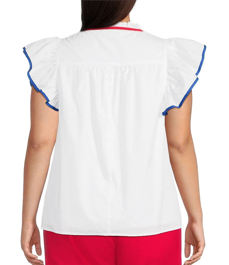 Sugarlips Plus Size Damry Contrast Piping Split V-Neck Ruffle Sleeve Top