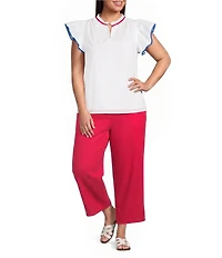 Sugarlips Plus Size Damry Contrast Piping Split V-Neck Ruffle Sleeve Top