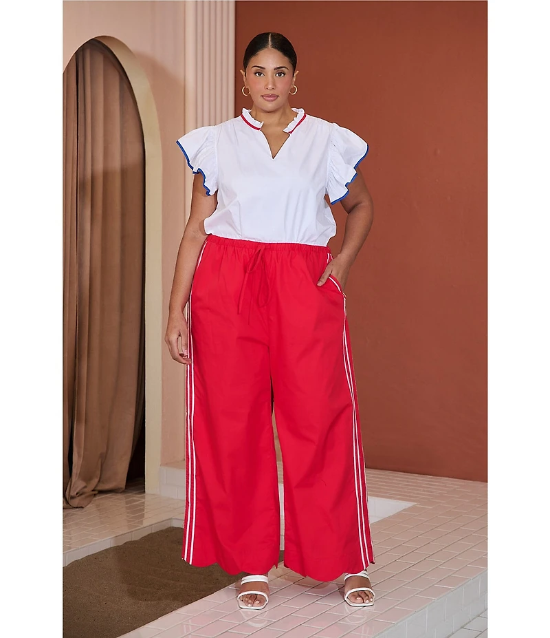 Sugarlips Plus Size Damry Contrast Piping Split V-Neck Ruffle Sleeve Top
