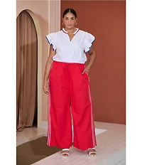 Sugarlips Plus Size Damry Contrast Piping Split V-Neck Ruffle Sleeve Top