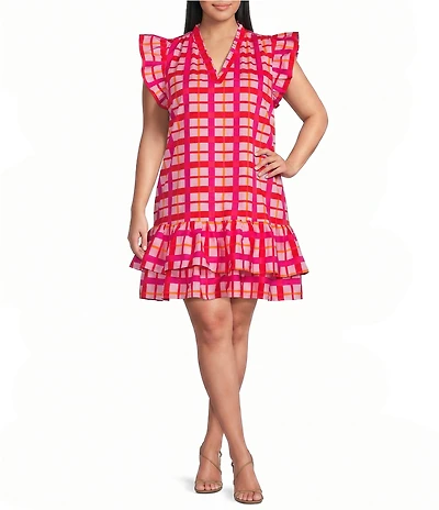 Sugarlips Plus Size Darvy Checkered Plaid Printed Savie V-Neck Cap Sleeve Poplin Shift Mini Dress
