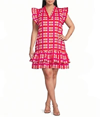 Sugarlips Plus Size Darvy Checkered Plaid Printed Savie V-Neck Cap Sleeve Poplin Shift Mini Dress