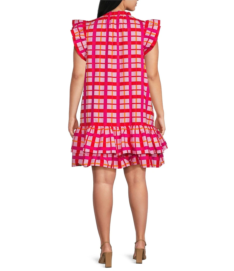 Sugarlips Plus Size Darvy Checkered Plaid Printed Savie V-Neck Cap Sleeve Poplin Shift Mini Dress