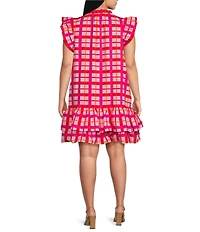 Sugarlips Plus Size Darvy Checkered Plaid Printed Savie V-Neck Cap Sleeve Poplin Shift Mini Dress