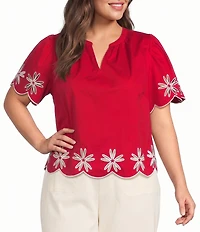 Sugarlips Plus Size Dayna Embroidered Split Neck Short Sleeve Scallop Edge Top