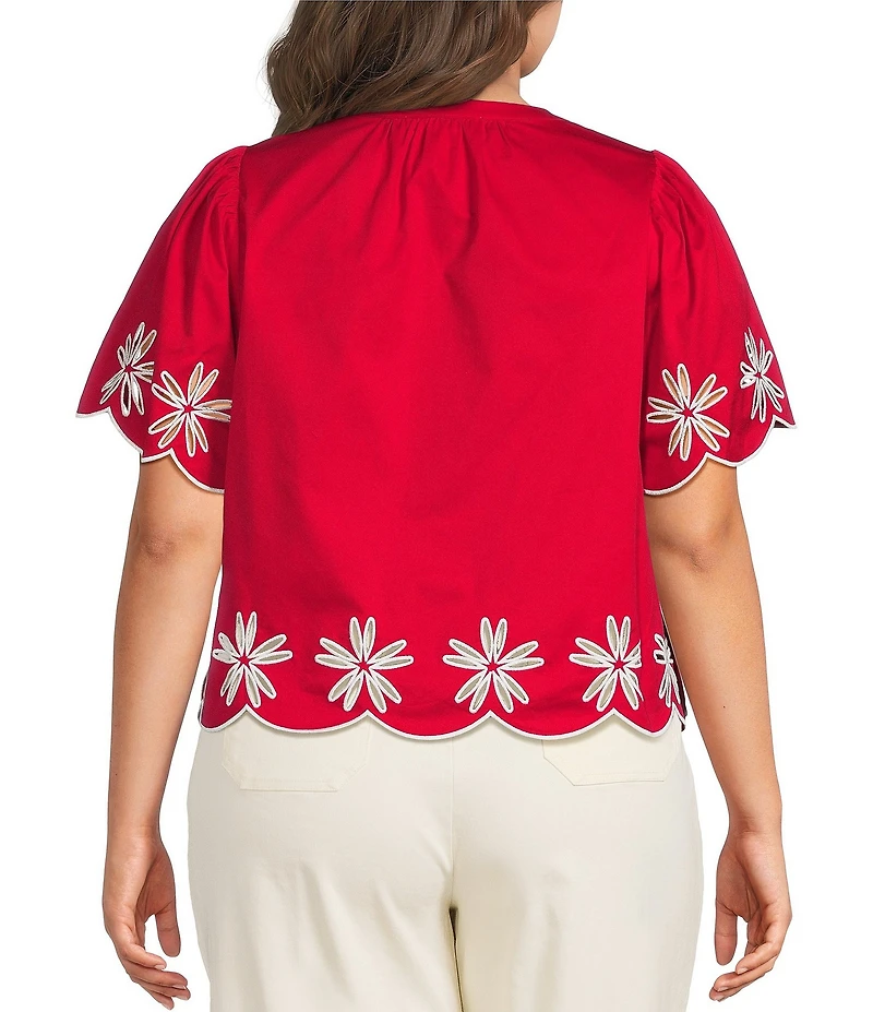 Sugarlips Plus Size Dayna Embroidered Split Neck Short Sleeve Scallop Edge Top