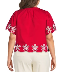 Sugarlips Plus Size Dayna Embroidered Split Neck Short Sleeve Scallop Edge Top