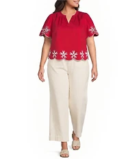 Sugarlips Plus Size Dayna Embroidered Split Neck Short Sleeve Scallop Edge Top