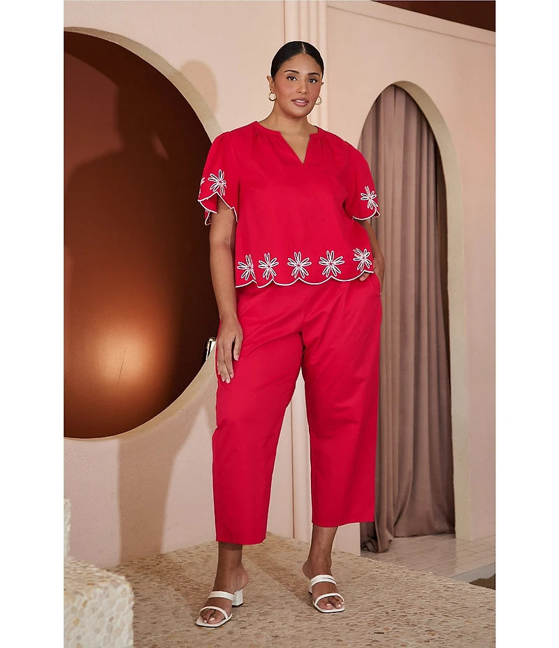 Sugarlips Plus Size Dayna Embroidered Split Neck Short Sleeve Scallop Edge Top