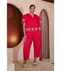 Sugarlips Plus Size Dayna Embroidered Split Neck Short Sleeve Scallop Edge Top