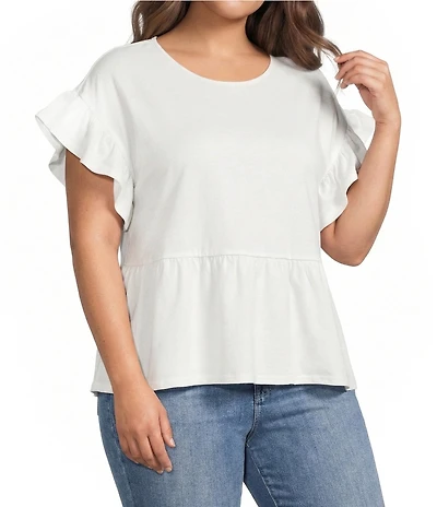 Sugarlips Plus Size Delilah Round Neck Ruffle Short Sleeve Peplum Top