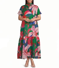 Sugarlips Plus Size Dime Tropical Print Mock Neck Short Sleeve Maxi Shift Dress