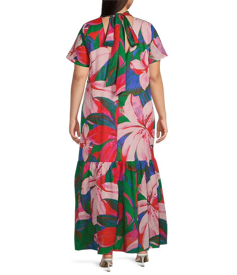 Sugarlips Plus Size Dime Tropical Print Mock Neck Short Sleeve Maxi Shift Dress