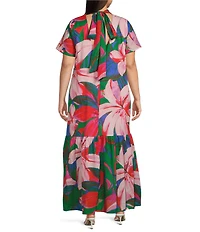 Sugarlips Plus Size Dime Tropical Print Mock Neck Short Sleeve Maxi Shift Dress