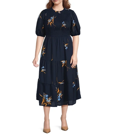 Sugarlips Plus Size Dusk Bloom Floral Smocked Short Sleeve Midi Dress