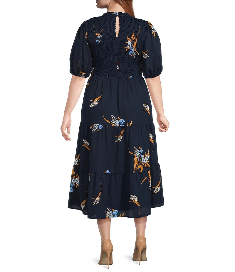Sugarlips Plus Size Dusk Bloom Floral Smocked Short Sleeve Midi Dress