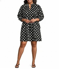 Sugarlips Plus Size Eira Polka Dot Print Split V-Neck 3/4 Sleeve Poplin Mini Dress