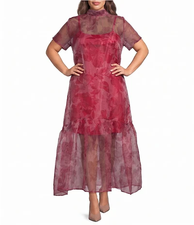 Sugarlips Plus Size Ellery Floral Print Dime Mock Neck Short Sleeve Maxi Dress