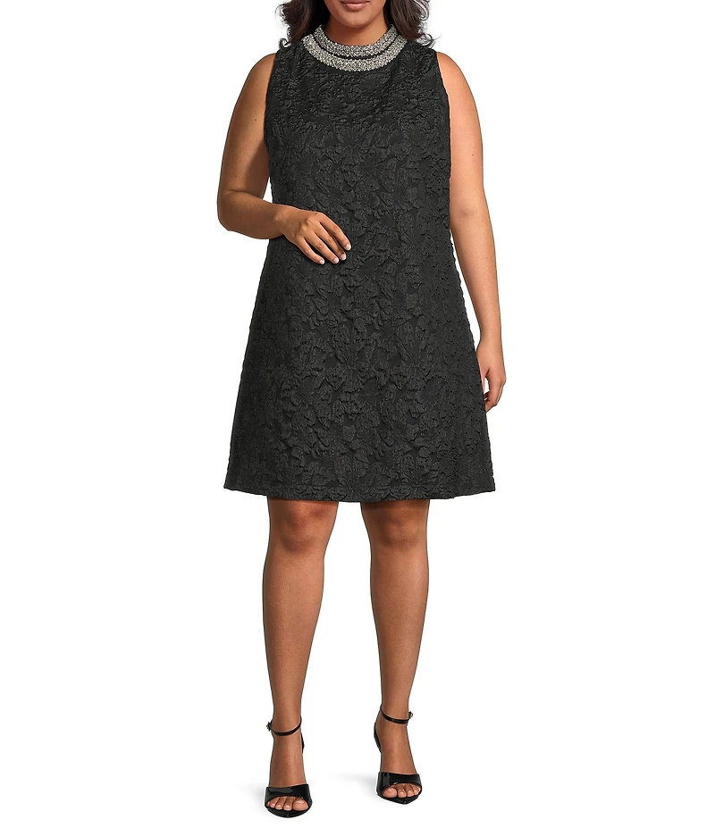 Sugarlips Plus Size Elma Floral Jacquard Rhinestone Mock Neck Sleeveless Mini Dress