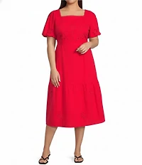 Sugarlips Plus Size Embroidered Eyelet Square Neck Short Sleeve Poplin Midi Dress