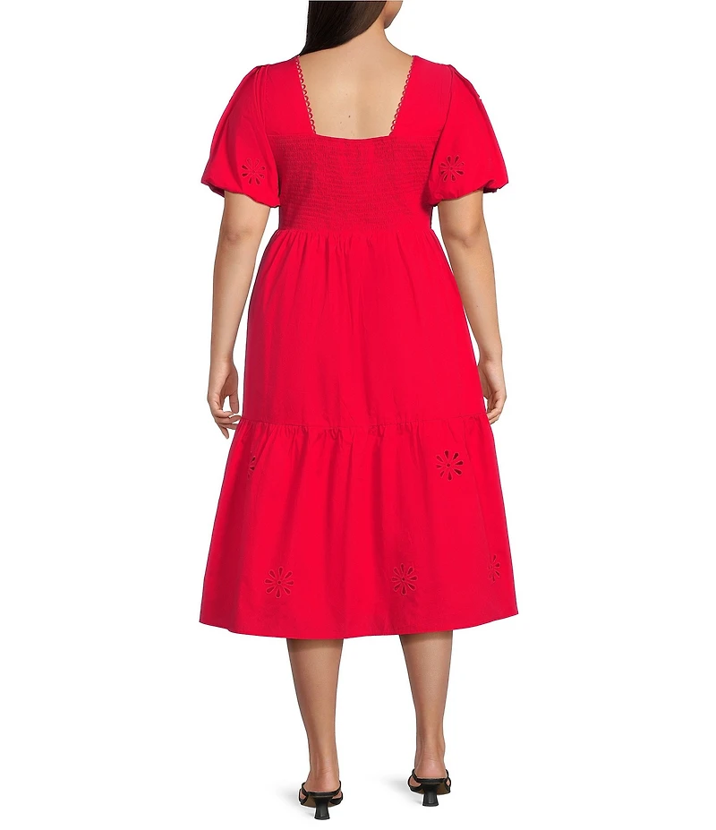 Sugarlips Plus Size Embroidered Eyelet Square Neck Short Sleeve Poplin Midi Dress