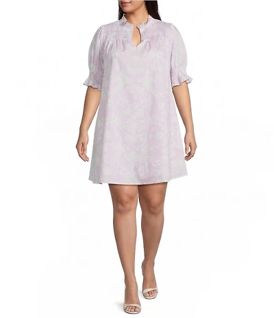 Sugarlips Plus Size Emme Floral Hera V-Neck Short Sleeve Poplin Shift Mini Dress