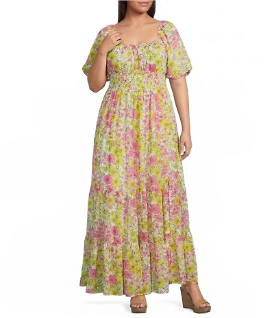 Sugarlips Plus Size Ezia Garden Floral Print Round Neck Short Sleeve Tiered Maxi Dress