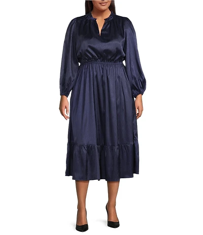 Sugarlips Plus Size Fabiola Split Ruffle V-Neck Long Sleeve Satin Midi Dress