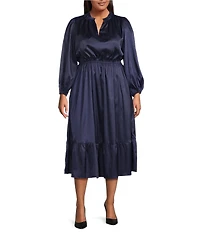 Sugarlips Plus Size Fabiola Split Ruffle V-Neck Long Sleeve Satin Midi Dress