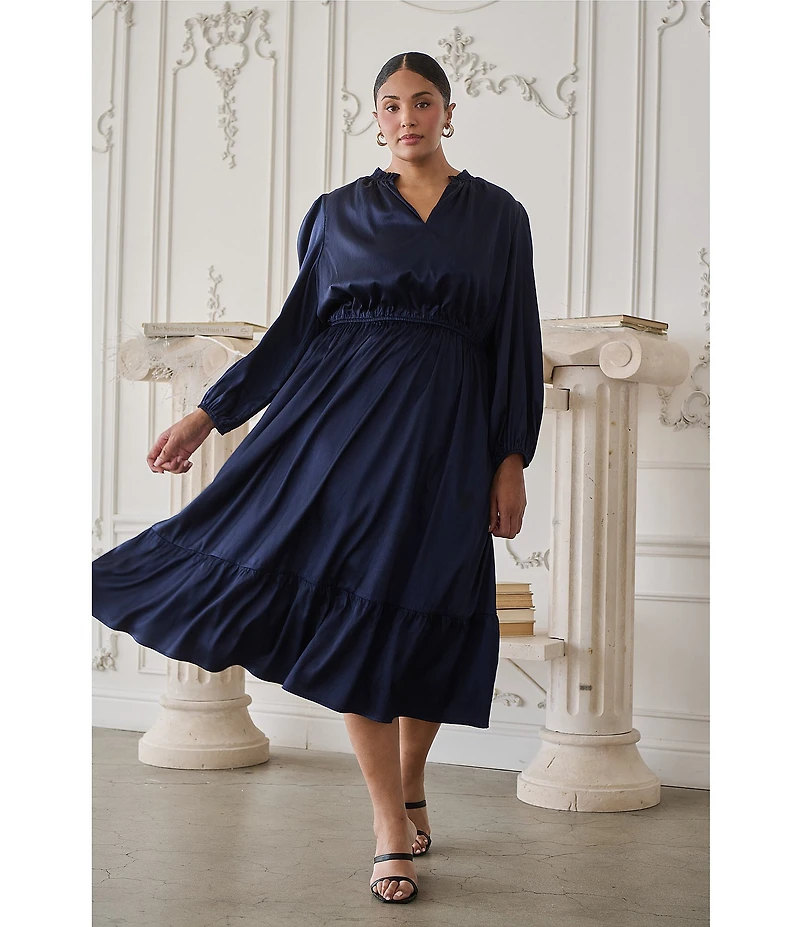 Sugarlips Plus Size Fabiola Split Ruffle V-Neck Long Sleeve Satin Midi Dress
