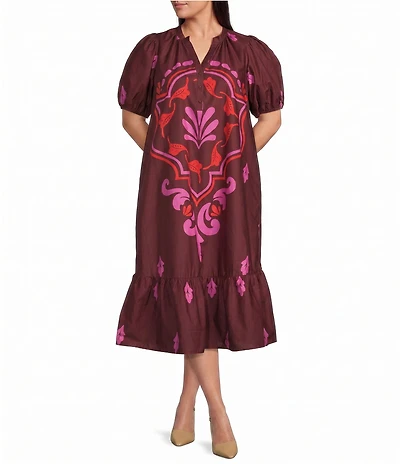 Sugarlips Plus Size Floral Descanso Printed V-Neck Short Sleeve Midi Shift Dress