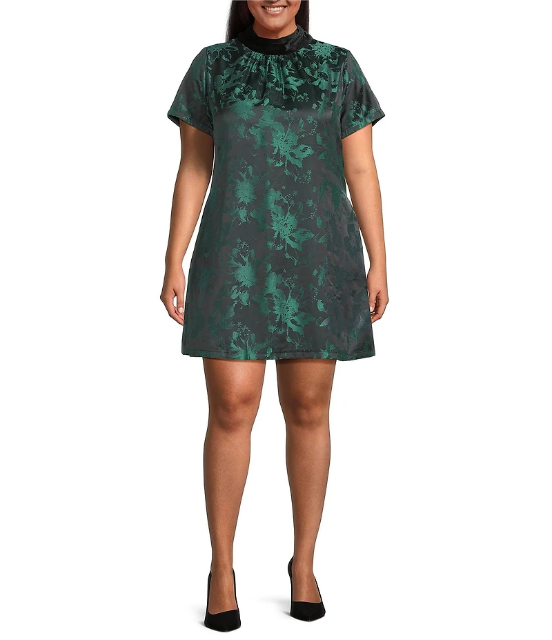Sugarlips Plus Size Floral Jacquard Velvet Bow Tie Mock Neck Mini Dress
