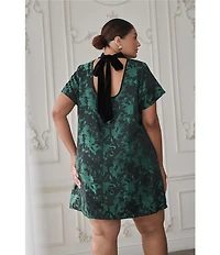 Sugarlips Plus Size Floral Jacquard Velvet Bow Tie Mock Neck Mini Dress