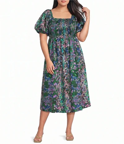 Sugarlips Plus Size Floral Maray Smocked Square Neck Short Puff Sleeve Poplin Midi Dress