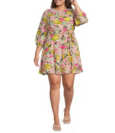 Sugarlips Plus Size Floral Print Collins Godet Crew Neck Long Sleeve Mini Dress