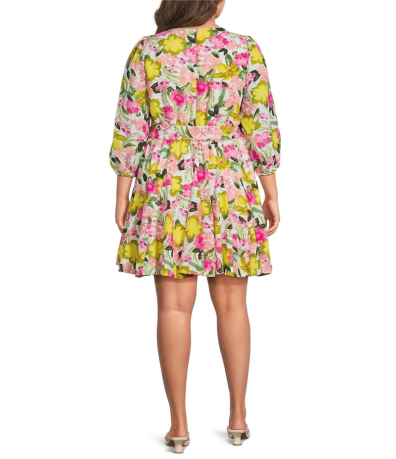 Sugarlips Plus Size Floral Print Collins Godet Crew Neck Long Sleeve Mini Dress
