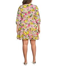 Sugarlips Plus Size Floral Print Collins Godet Crew Neck Long Sleeve Mini Dress