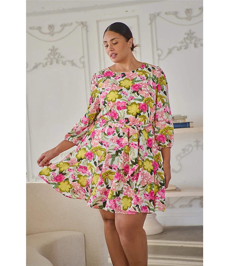 Sugarlips Plus Size Floral Print Collins Godet Crew Neck Long Sleeve Mini Dress