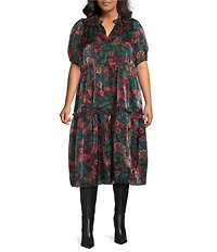 Sugarlips Plus Size Floral Print Tiered Organza Side Seam Pocket Midi Shift Dress