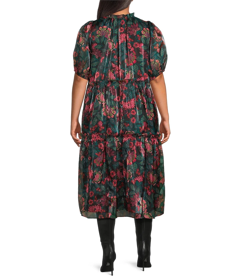 Sugarlips Plus Size Floral Print Tiered Organza Side Seam Pocket Midi Shift Dress