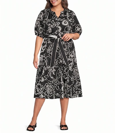 Sugarlips Plus Size Floral Wynette Split Neck 3/4 Sleeve Tiered Midi Dress