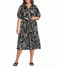 Sugarlips Plus Size Floral Wynette Split Neck 3/4 Sleeve Tiered Midi Dress