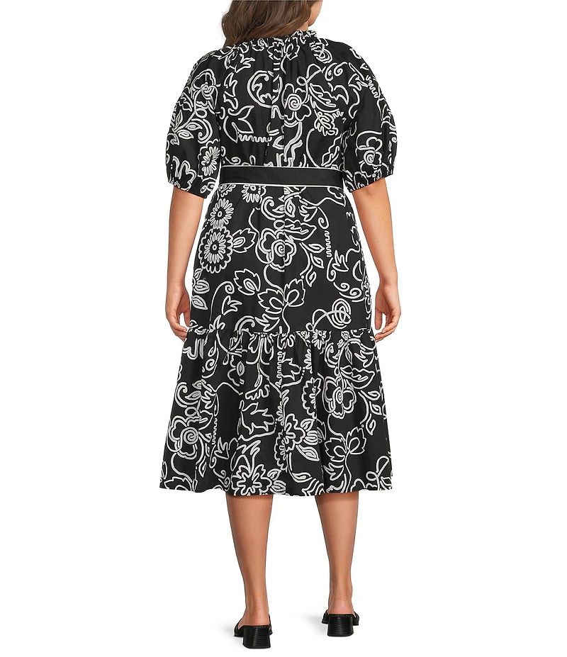 Sugarlips Plus Size Floral Wynette Split Neck 3/4 Sleeve Tiered Midi Dress