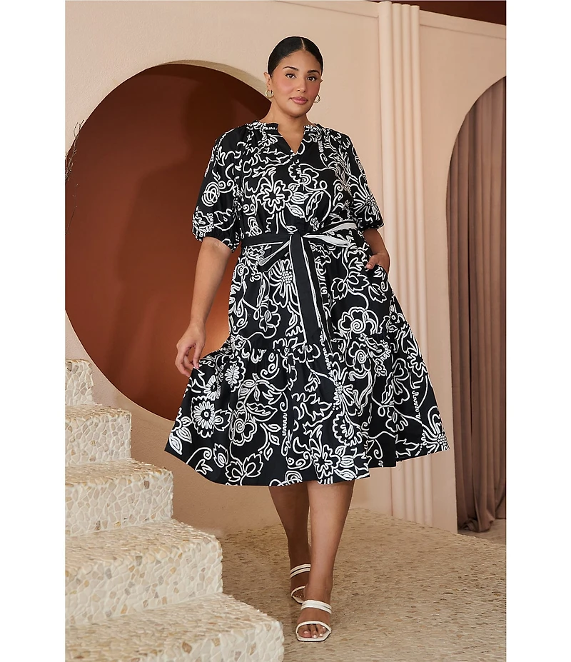 Sugarlips Plus Size Floral Wynette Split Neck 3/4 Sleeve Tiered Midi Dress