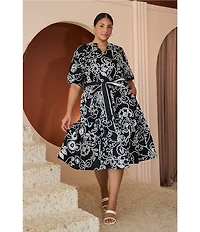 Sugarlips Plus Size Floral Wynette Split Neck 3/4 Sleeve Tiered Midi Dress