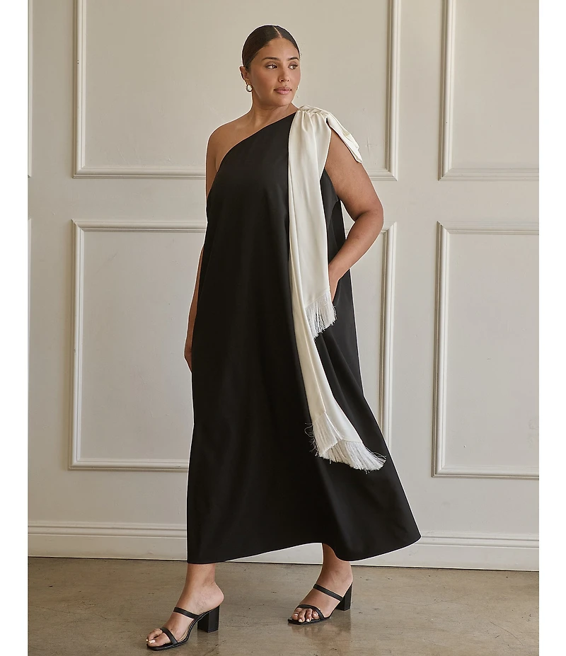 Sugarlips Plus Size Fringe Drape One Shoulder Maxi Dress