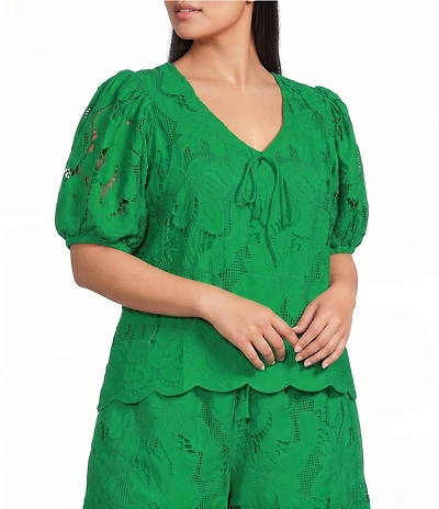 Sugarlips Plus Size Friona Eyelet V-Neck Short Bubble Sleeve Coordinating Top