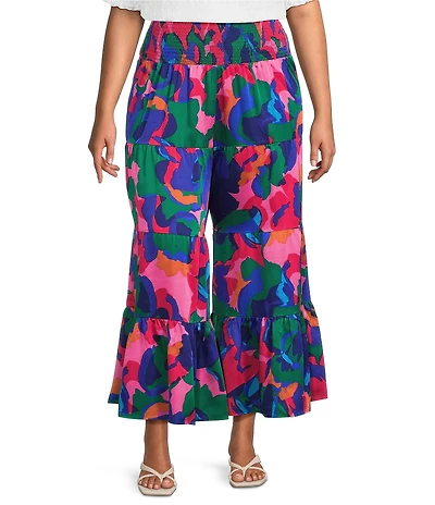 Sugarlips Plus Size Gem Tone Abstract Printed Satin Wide Leg Pants